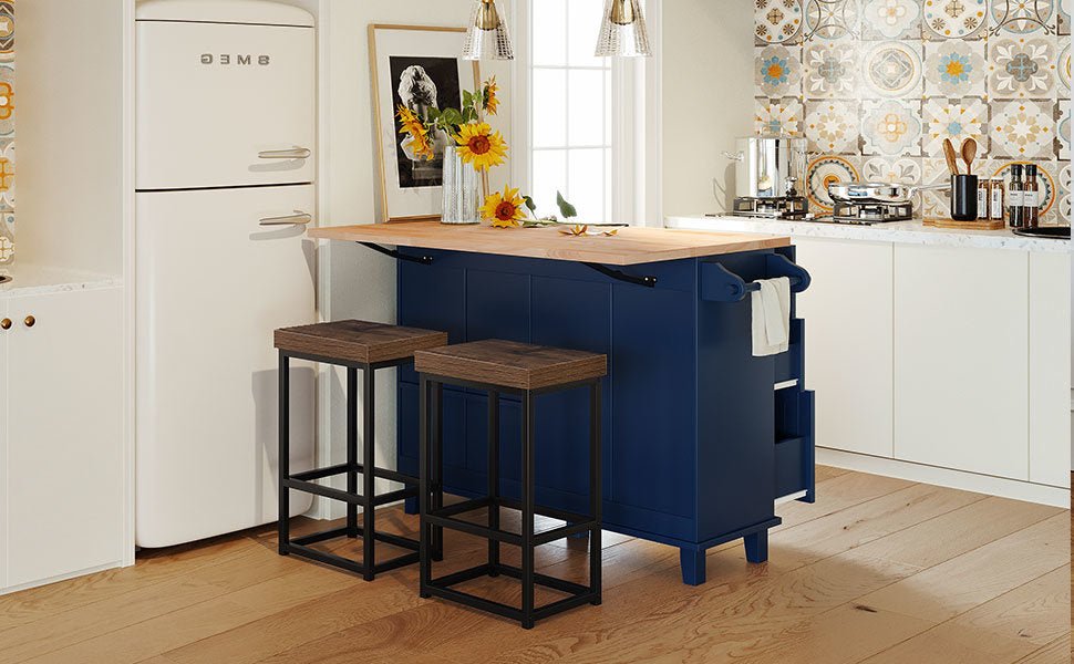 TOPMAX Farmhouse Kitchen Island Set with Drop Leaf and 2 Seatings,Dining Table Set with Storage Cabinet, Drawers and Towel Rack, Blue+Black+Brown - DREAM YOUR HOUSE