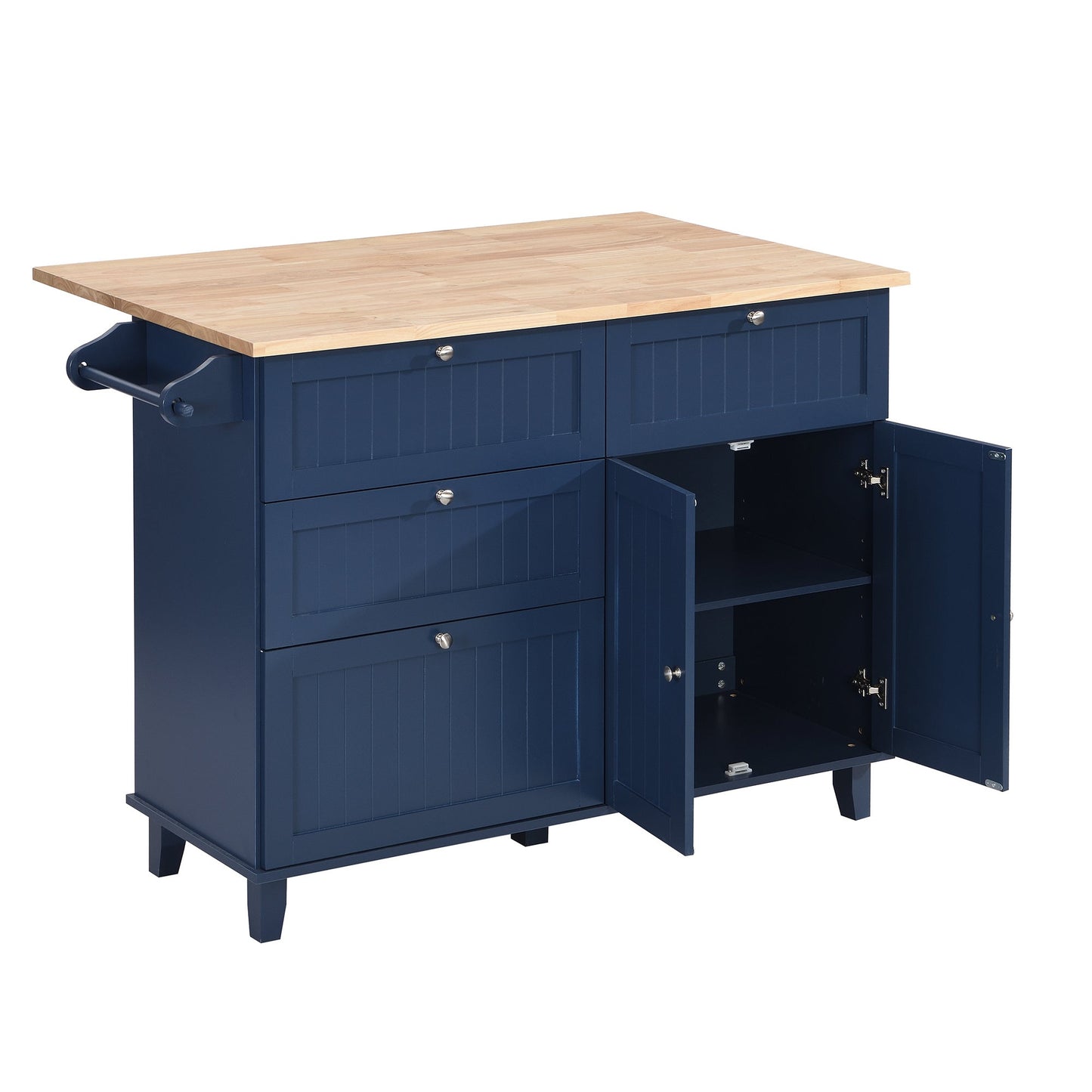 TOPMAX Farmhouse Kitchen Island Set with Drop Leaf and 2 Seatings,Dining Table Set with Storage Cabinet, Drawers and Towel Rack, Blue+Black+Brown - DREAM YOUR HOUSE