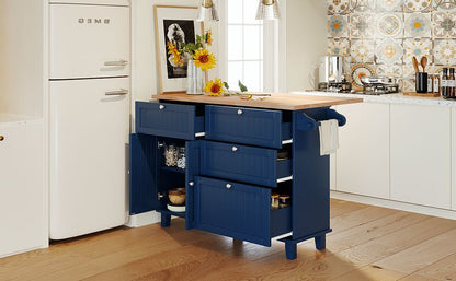 TOPMAX Farmhouse Kitchen Island Set with Drop Leaf and 2 Seatings,Dining Table Set with Storage Cabinet, Drawers and Towel Rack, Blue+Black+Brown - DREAM YOUR HOUSE