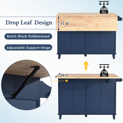 TOPMAX Farmhouse Kitchen Island Set with Drop Leaf and 2 Seatings,Dining Table Set with Storage Cabinet, Drawers and Towel Rack, Blue+Black+Brown - DREAM YOUR HOUSE