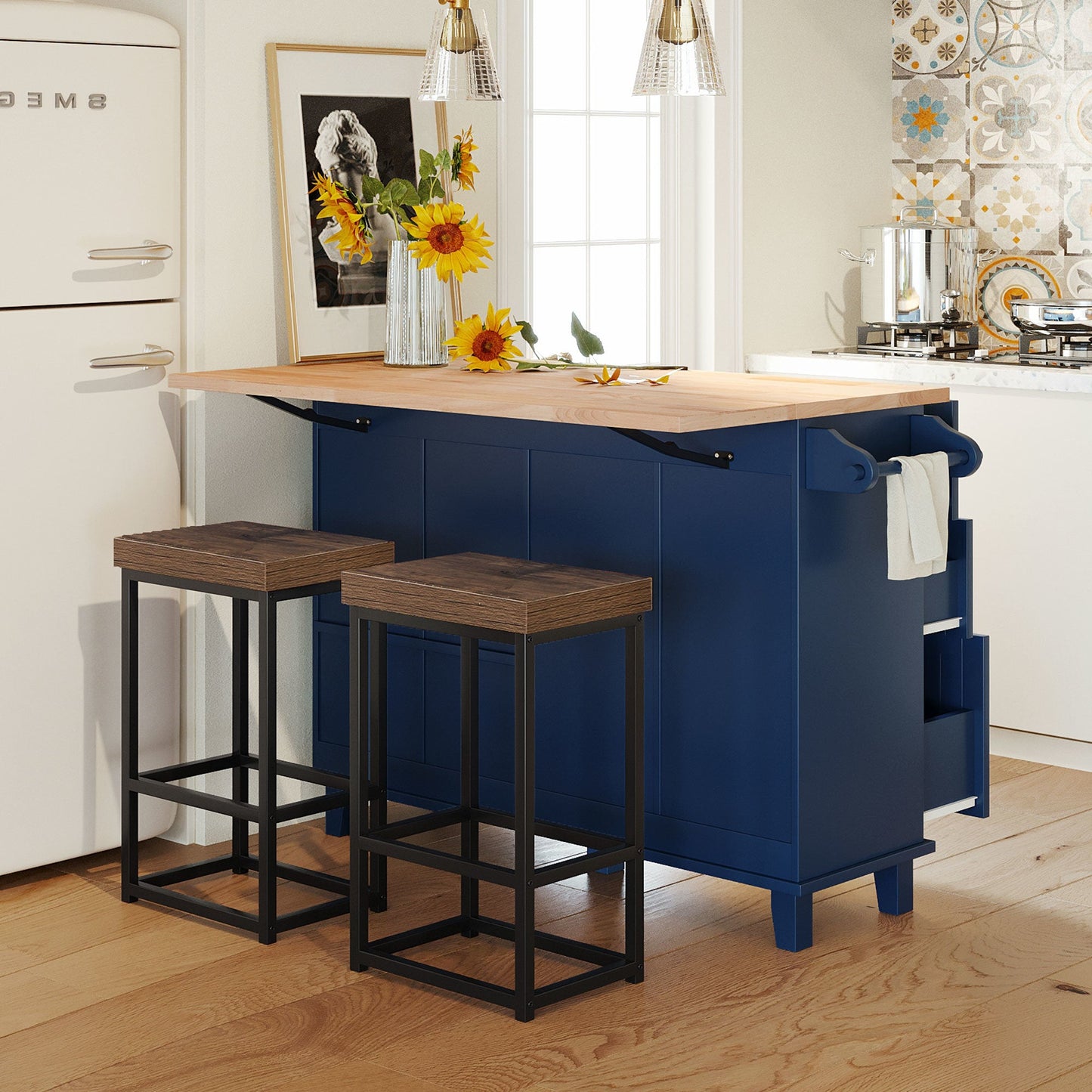 TOPMAX Farmhouse Kitchen Island Set with Drop Leaf and 2 Seatings,Dining Table Set with Storage Cabinet, Drawers and Towel Rack, Blue+Black+Brown - DREAM YOUR HOUSE