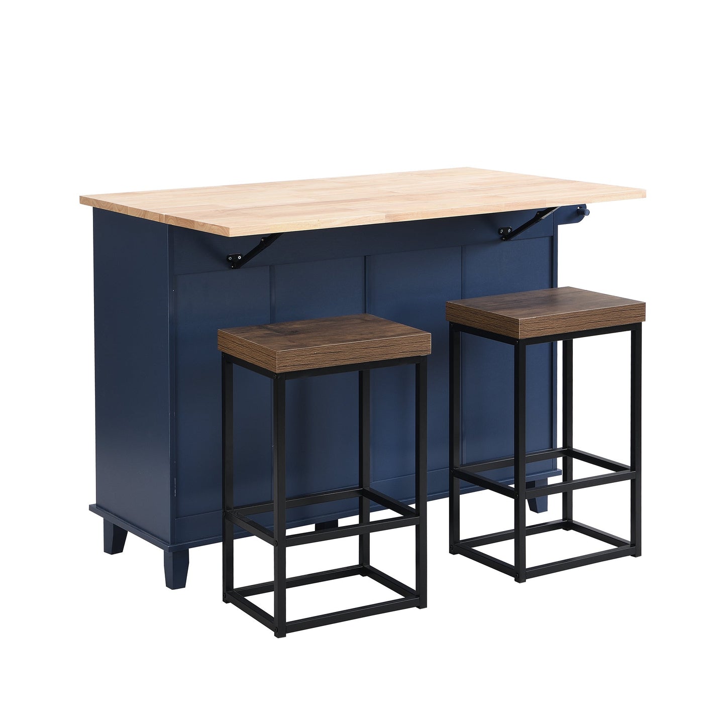 TOPMAX Farmhouse Kitchen Island Set with Drop Leaf and 2 Seatings,Dining Table Set with Storage Cabinet, Drawers and Towel Rack, Blue+Black+Brown - DREAM YOUR HOUSE