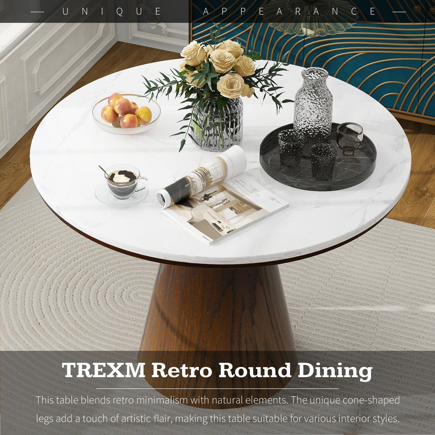 TREXM Retro Round Dining Table Minimalist Elegant Table for Living Room, Dining Room (White + Brown) - DREAM YOUR HOUSE