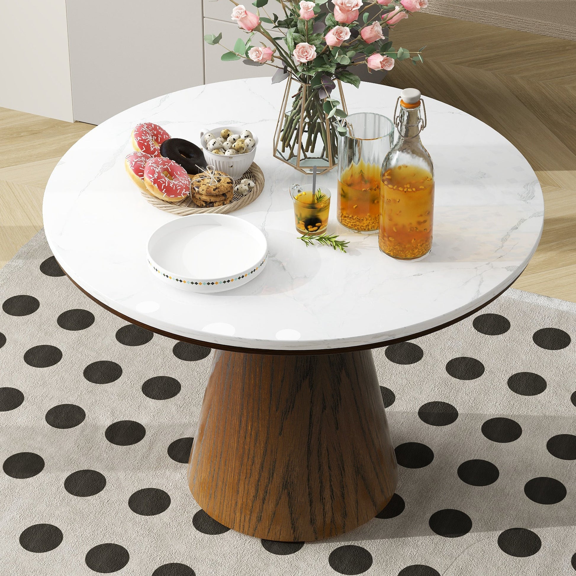 TREXM Retro Round Dining Table Minimalist Elegant Table for Living Room, Dining Room (White + Brown) - DREAM YOUR HOUSE