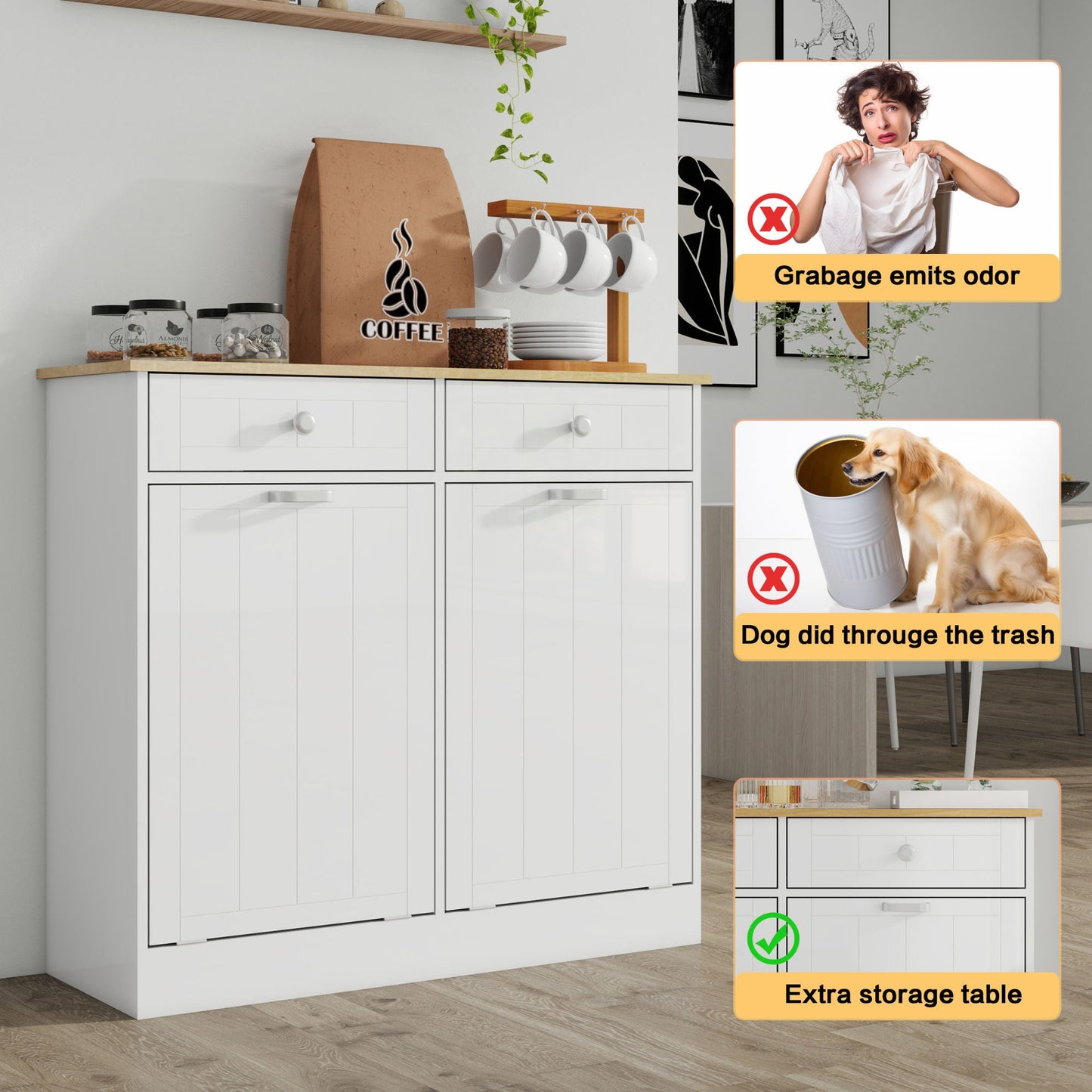 Two - Compartment Tilt - Out Trash Cabinet, Pet Proof Kitchen Trash Cabinet with Cutting Board, Free Standing Laundry Sorter Cabinet, Laundry Hamper, White - DREAM YOUR HOUSE