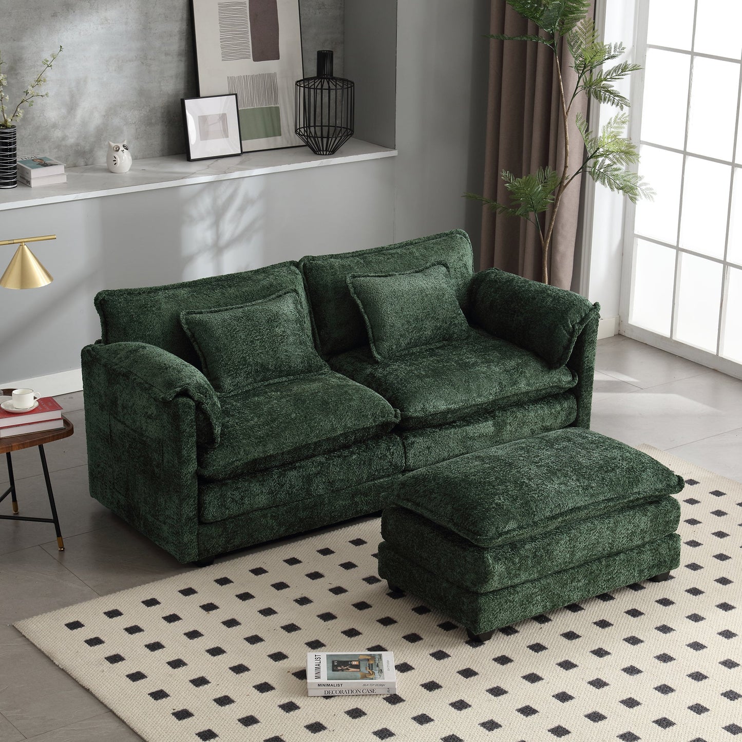 UNITED WE WIN Chenille fabric, removable armrests with side pockets, high density sponge filling, oversized double sofa with footstool - DREAM YOUR HOUSE