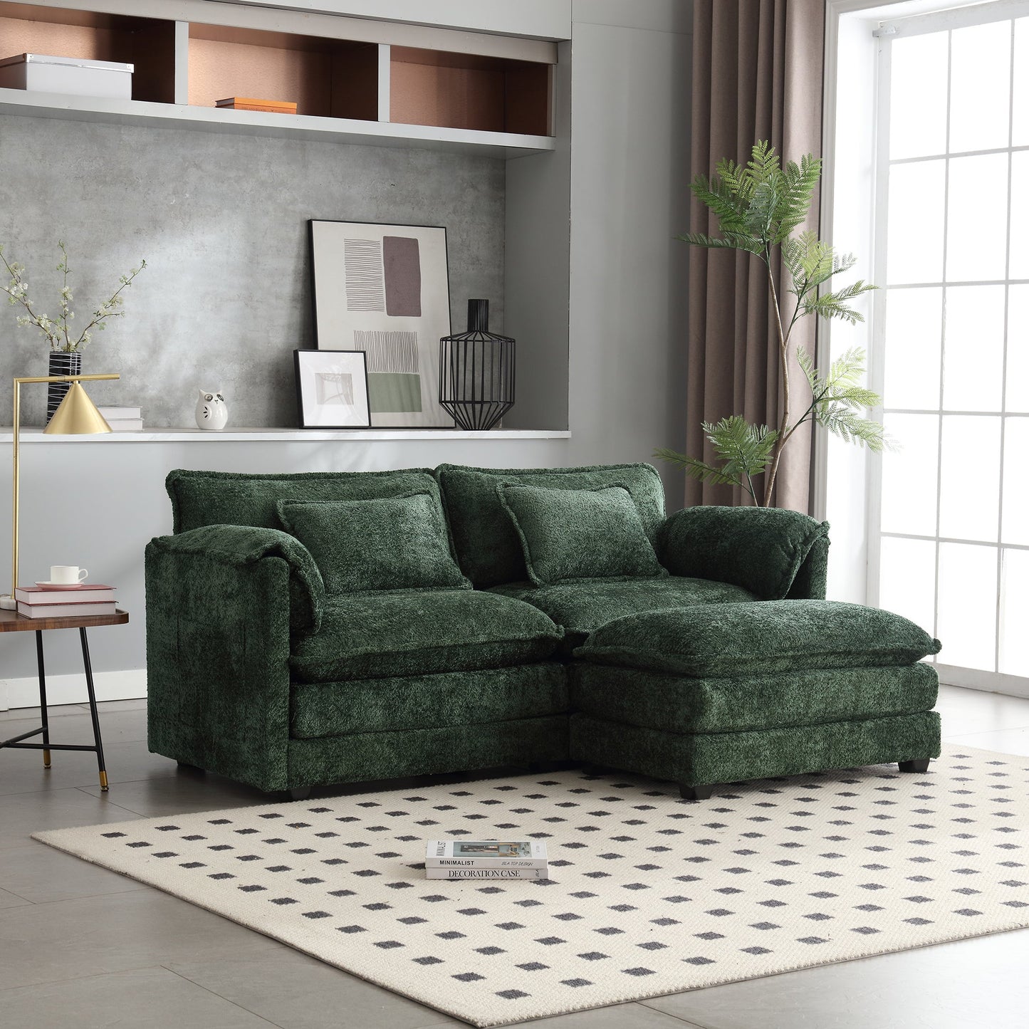 UNITED WE WIN Chenille fabric, removable armrests with side pockets, high density sponge filling, oversized double sofa with footstool - DREAM YOUR HOUSE