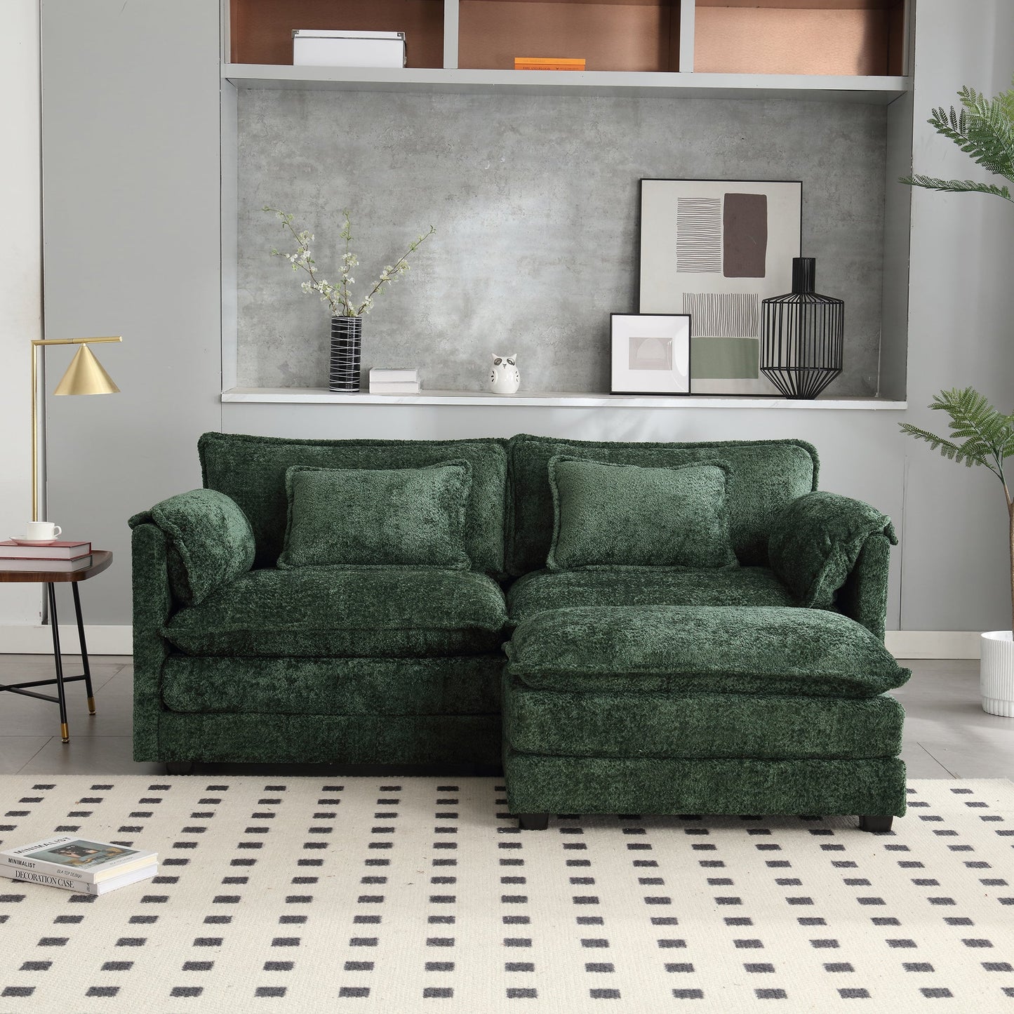 UNITED WE WIN Chenille fabric, removable armrests with side pockets, high density sponge filling, oversized double sofa with footstool - DREAM YOUR HOUSE